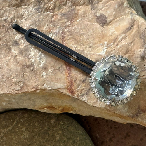 Hair Clip: Silver Toned Metal with Glass Rhinestones, Glass Gem on Painted Metal Bobbypin