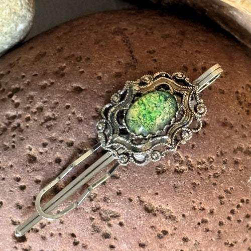 Hair Clip: Glass with Green Flakes Gem on Silver Colored Metal Bobbypin