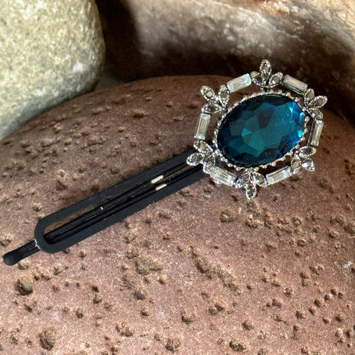 Hair Clip: Blue Glass Gem with Glass Rhinestones on Black Painted Metal Bobbypin