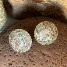 Load image into Gallery viewer, Earrings: SALE Clear Plastic Lucite Confetti Round Button Pierced Earrings Moon Slices Overlay