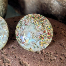 Load image into Gallery viewer, Earrings: SALE Clear Plastic Lucite Confetti Round Button Pierced Earrings Moon Slices Overlay