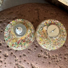 Load image into Gallery viewer, Earrings: SALE Clear Plastic Lucite Confetti Round Button Pierced Earrings Moon Slices Overlay