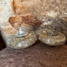 Load image into Gallery viewer, Earrings: SALE Clear Plastic Lucite Confetti Round Button Pierced Earrings Moon Slices Overlay