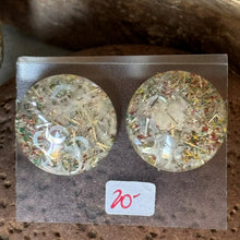 Load image into Gallery viewer, Earrings: SALE Clear Plastic Lucite Confetti Round Button Pierced Earrings Moon Slices Overlay