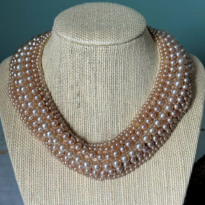 Vintage Necklace : Pearlescent Plastic Faux Champagne Colored Pearl Collar on Satin