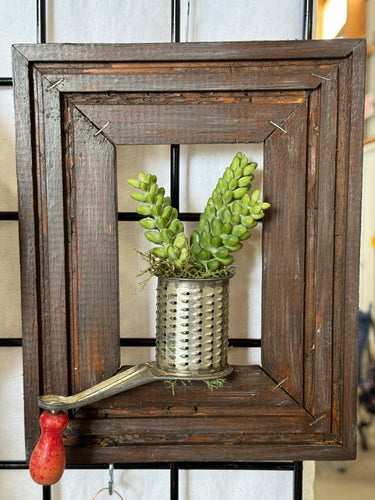 Rustic Wood Framed Faux Succulent Vintage Grinder