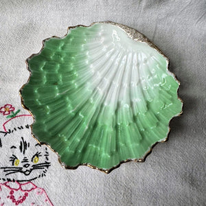 Vintage Gold Trimmed Green & White Ceramic Seashell Soap Dish Tray