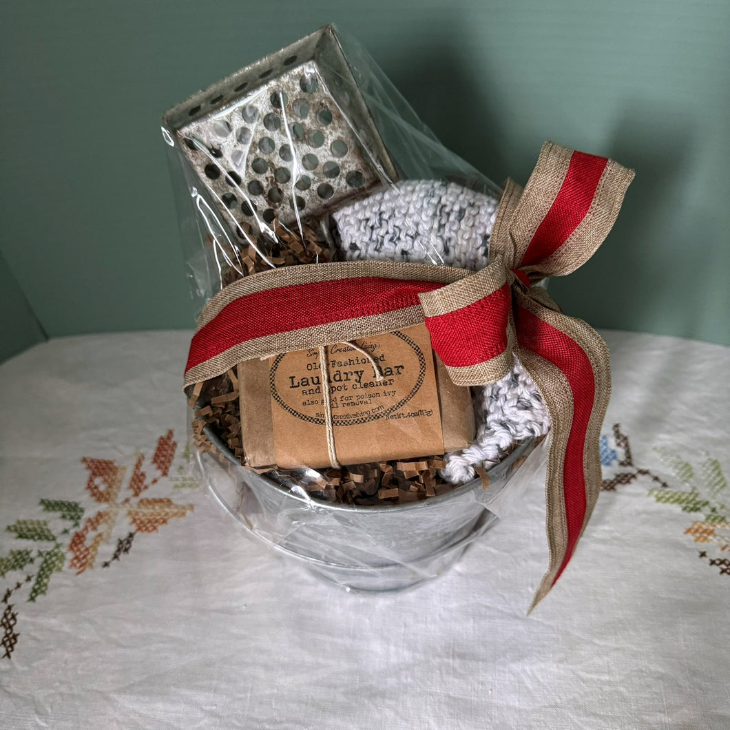 Vintage Gift Set : Cleaning Themed Collection Mini Pail , Soap Saver Diffuser Basket Long Handle , Handmade Washcloth , Lye Laundry Spot Bar