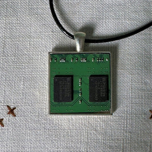 Upcycled Handmade Necklace: Silver Square Metal Computer Circuit Board Pendant for the Technogeek Black Leather Cord - Made from My Old Windows 7 Computer, Old Keyboards