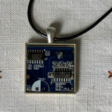 Load image into Gallery viewer, Upcycled Handmade Necklace: Silver Square Metal Computer Circuit Board Pendant for the Technogeek Black Leather Cord - Made from My Old Windows 7 Computer, Old Keyboards