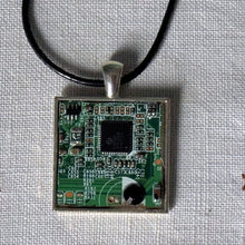 Load image into Gallery viewer, Upcycled Handmade Necklace: Silver Square Metal Computer Circuit Board Pendant for the Technogeek Black Leather Cord - Made from My Old Windows 7 Computer, Old Keyboards