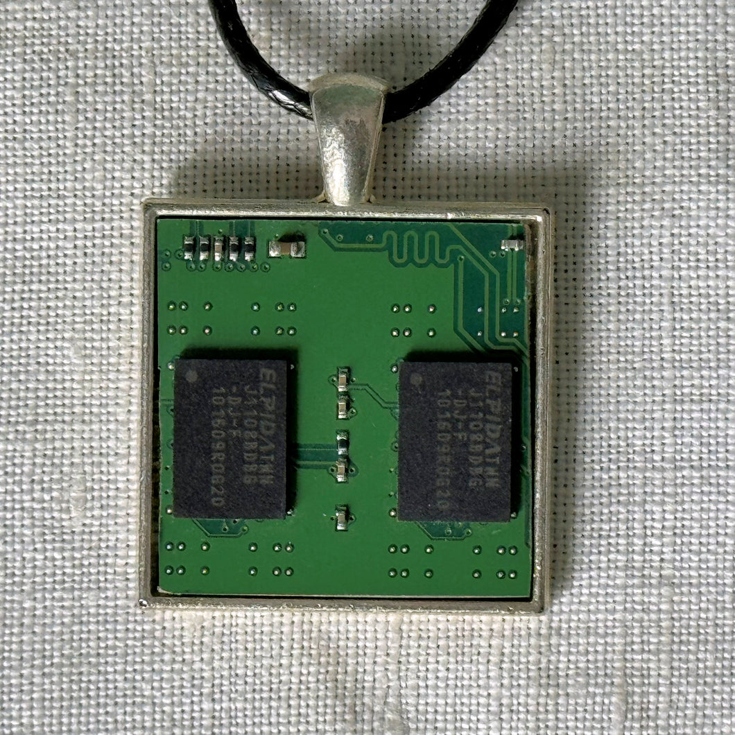 Upcycled Handmade Necklace: Silver Square Metal Computer Circuit Board Pendant for the Technogeek Black Leather Cord - Made from My Old Windows 7 Computer, Old Keyboards