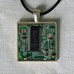 Upcycled Handmade Necklace: Silver Square Metal Computer Circuit Board Pendant for the Technogeek Black Leather Cord - Made from My Old Windows 7 Computer, Old Keyboards