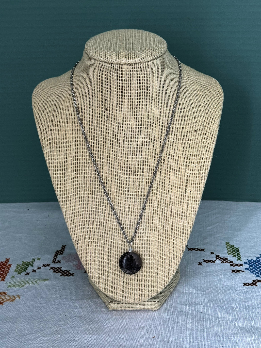 Round Petoskey Pendant Necklace on Stainless Steel Chain
