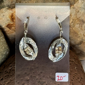 Earrings: Silvered Colored Metal with Glass Rhinestone Accent on Sterling Silver Earring Hook
