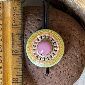 Hair Clip: Pink Yellow Green Button Shield Circular Metal Faux Rhinestones on Black Colored Metal Bobbypin