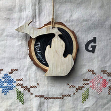 Load image into Gallery viewer, Handmade Michigan Ornament: Birchwood on Chalkboard Painted Wood Disc